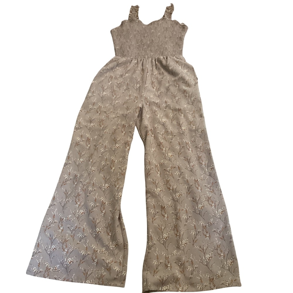 Dex Women Floral Smocked Wide Leg Jumpsuit XS Tan Boho Ruffle Strap Pockets